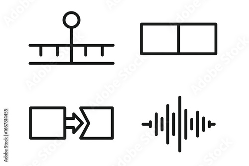 Video Editing Icons Set, Outline Style, Including Timeline Playhead Marker, Clip Segment, Transition Arrow, Audio Waveform, Vector Illustration for Video Production and Editing