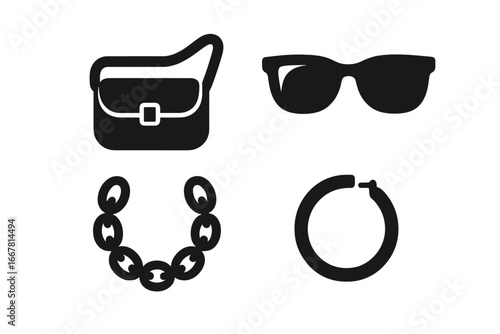 Street fashion icons solid filled vector set with crossbody bag, stylish sunglasses, chunky chain necklace, hoop earring, trendy urban accessories illustration