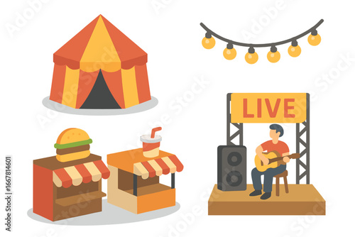 Street Food Festival Icons Set, Isometric Flat Design with Festival Tent, String Lights, Food Stalls Featuring Burger and Drink, Live Music Stage, Outdoor Event Vector Illustration
