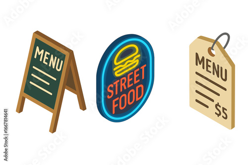 Isometric Street Food Icon Set, Flat Vector Illustration of Food Signage, Chalkboard Menus, Neon Burger Sign, Price Tag Label, Transparent Background