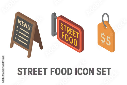 Isometric Street Food Icon Set with Chalkboard Menu, Neon Street Food Sign, and Price Tag Label Vector Illustration for Food Business and Restaurant Branding