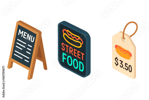 Isometric Flat Street Food Icon Set with Chalkboard Menu, Neon Hot Dog Sign, and Price Tag Label, Vector Illustration of Food Truck Menu and Street Food Elements