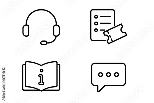 Virtual support icons set, outline style, customer service headset microphone, ticket queue list, knowledge base open book, chat message bubble, vector illustration for digital support and helpdesk