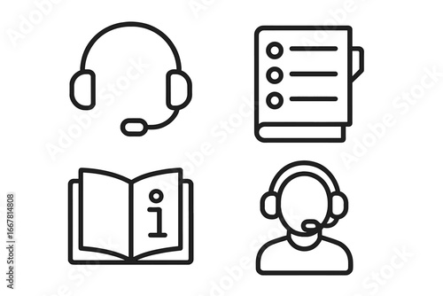 Virtual support icons set, outline style, customer service headset with microphone, ticket queue list, knowledge base book, vector illustration on transparent background, digital support symbols