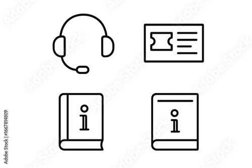 Virtual support icons set, outline style, customer service headset with microphone, support ticket queue list, knowledge base books, vector illustration on transparent background