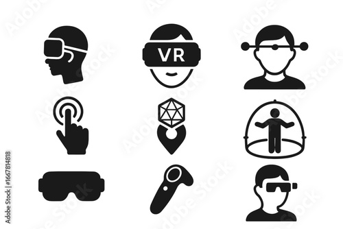 Virtual reality solid icon set, immersive technology VR illustration collection, vector cartoon style, 3D headset, VR controller, augmented reality, interactive digital icons