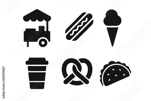 Street Food Icons Solid Filled Vector Set Featuring Food Vendor Cart, Hot Dog, Ice Cream Cone, Coffee Cup, Pretzel, Taco, Fast Food Symbols on Transparent Background