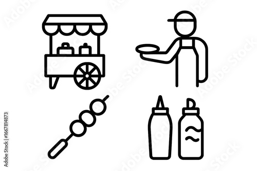 Street Food Vendor Icons, Outline Set of Food Cart, Vendor Handing Plate, Skewers, Condiment Bottles, Urban Food Market, Outdoor Culinary Vector Illustration