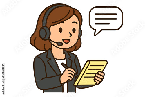 Virtual assistant providing customer support with headset, live communication and note-taking, professional female call center agent cartoon vector illustration on transparent background