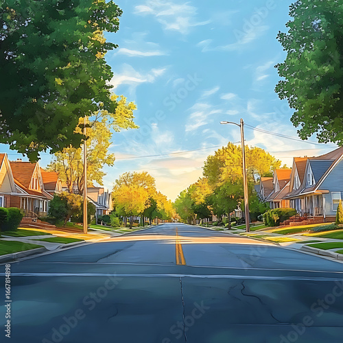Serene suburban neighborhood at sunset with warm light illuminating the curved street
