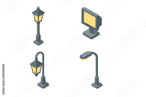 Isometric Street Lighting Icons Set Featuring Lamppost, Floodlight, Decorative Lantern, and Overhead Street Light Vector Illustration