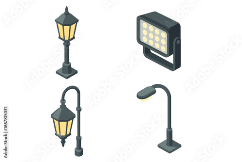 Isometric Flat Icon Set of Street Lighting with Lamppost, Floodlight, Decorative Lantern, Overhead Street Light Vector Illustration on Transparent Background
