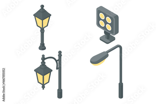 Isometric Street Lighting Icons Set, Vector Illustration with Lamppost, Decorative Lantern, Floodlight, Overhead Street Light, Urban Outdoor Lighting Collection