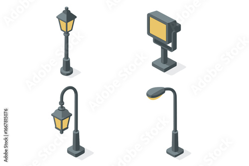 Isometric Street Lighting Icons Set Including Lamppost, Floodlight, Decorative Lantern, Overhead Street Light, Vector Illustration Transparent Background