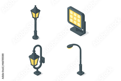 Street lighting icons isometric flat vector set including lamppost, floodlight, decorative lantern, overhead street light, urban illumination elements, transparent background