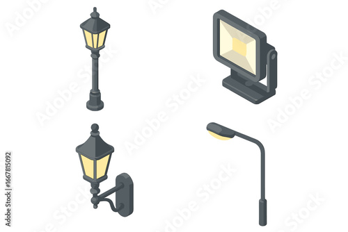 Isometric Street Lighting Icons Set – Flat Vector Illustrations of Classic Lamppost, Decorative Lantern, Floodlight, and Modern Overhead Street Light for Urban Design