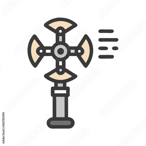 Stylized illustration of an air purifier tower in neutral tones, emitting stylized air flow