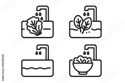 Washing Greens Icons Set, Outline Style, Four Vector Illustrations of Leafy Greens Lettuce, Spinach, Fresh Salad in Sink with Running Water, Kitchen Hygiene, Healthy Food Preparation