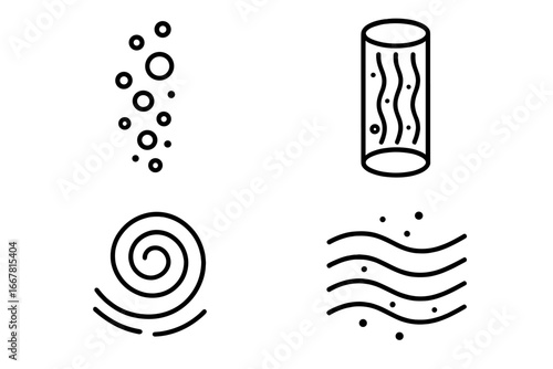 Water flow icon set with outline style featuring bubble streams, rising bubbles, laminar flow tube, swirling eddy, and flowing current vector illustration on transparent background