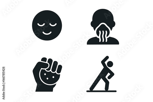 Stress Management Icons Set, Solid Filled Vector Illustrations of Calm Face, Breathing Mask, Stress Ball, Exercise Pose, Relaxation and Mental Health Symbols