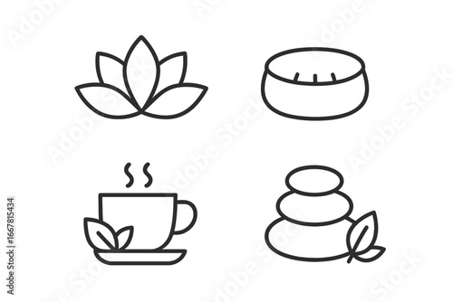 Wellness icon set of 4 elements with lotus flower, meditation cushion, herbal tea cup, spa stones, outline vector illustration for spa, retreat, and relaxation design