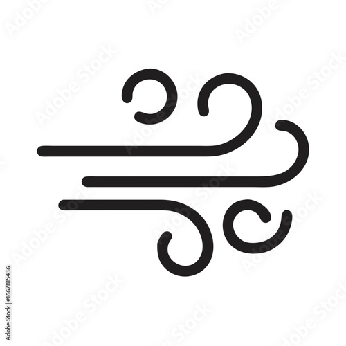 Stylized Wind Icon Represented in Black on Black Background, Flat Vector Illustration