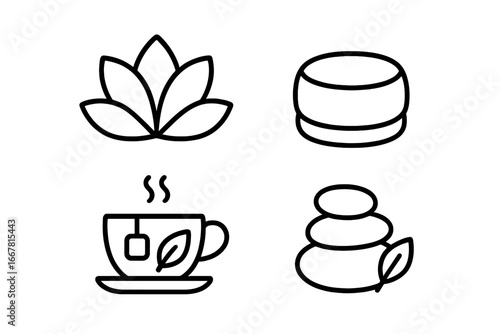 Wellness Icon Set with Lotus Flower, Meditation Cushion, Herbal Tea Cup, Spa Stones Outline Vector Illustration for Relaxation, Mindfulness, Spa, and Meditation Concepts