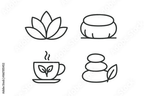 Wellness icon set with lotus flower, meditation cushion, herbal tea cup, and spa stones outline vector illustration for health and relaxation concepts