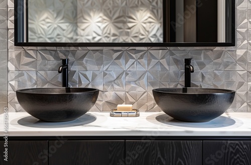 Modern bathroom vanity with black sinks and white patterned wall