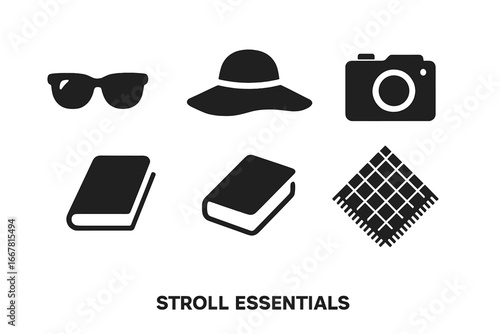 Solid filled icon set of stroll essentials and relaxing accessories including sunglasses, sun hat, camera, books, and picnic blanket, vector illustration