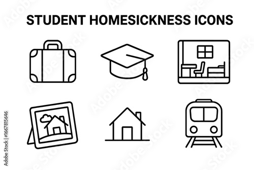 Student Homesickness Icon Set, Outline Vector Collection of Travel Suitcase, Graduation Cap, Dorm Room, Home Photo Frame, House and Train Symbol for College Life and Emotional Longing