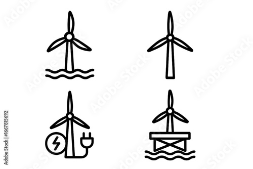 Wind Energy Icons Set of 4 Outline Vector Illustrations of Offshore Wind Turbine Technology, Sea Power Plant, Electricity Generation, and Offshore Platform Concept