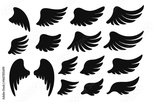 Wings fantasy silhouette icon set, mythical angel and bird wings collection, vector cartoon illustration, transparent background, decorative feather design elements