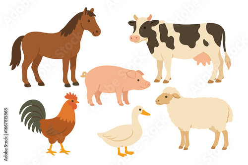 Farm Animals Collection Vector Illustration Set with Horse, Cow, Pig, Rooster, Duck, and Sheep on Transparent Background for Agriculture and Rural Themes
