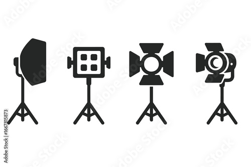 Studio lighting icons vector set with solid filled softbox, LED panel, barn doors, and Fresnel light equipment illustrations on transparent background