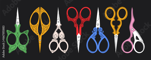 Set of various Scissors. Elegant, vintage, retro style. Hand drawn Vector illustration. Isolated design elements. Cutting hair, scissoring, shear concept