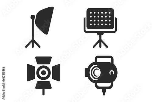 Studio lighting icons solid filled vector set, professional photography and film equipment illustrations including softbox, LED panel, barn doors, fresnel light, studio light gear