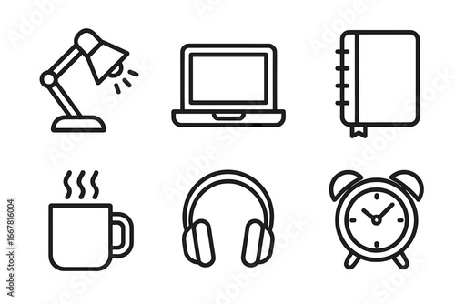 Outline icons set of study tools and workspace essentials including desk lamp, laptop, notebook, coffee mug, headphones, and alarm clock for late night studying and work
