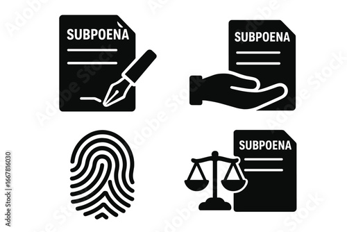 Subpoena Icon Set, Solid Filled Legal Document Icons, Actions Including Signing, Hand Delivery, Fingerprint Evidence, Scale of Justice Symbol, Vector Illustration on Transparent Background