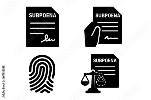 Subpoena icon set with solid filled style including document signing, hand delivery, fingerprint identification, and legal justice scales, vector illustration on transparent background