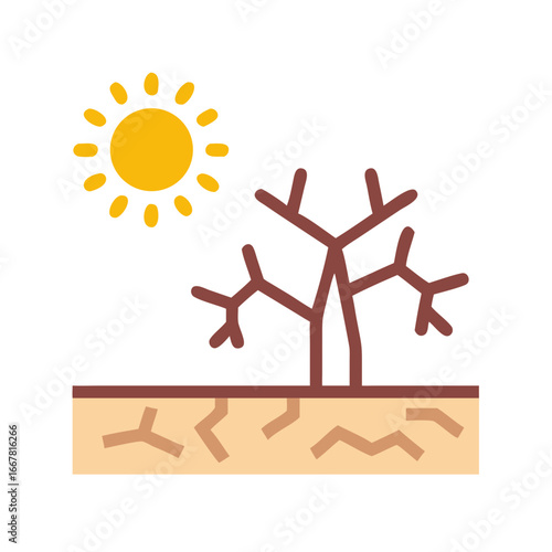 Stylized Drought Illustration: A withered tree, dry ground, and the scorching sun on a black background