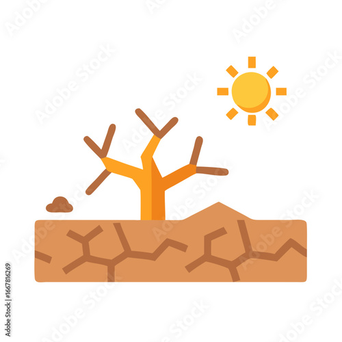 Arid Landscape with Cracked Earth and a Bare Tree Under a Shining Sun