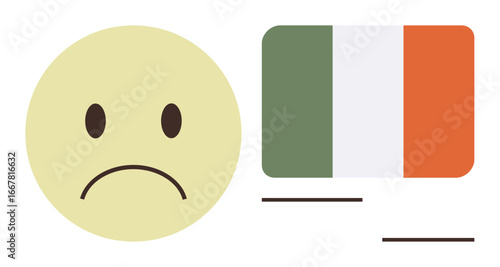 Yellow sad face emotion with downturned mouth next to Irish flag in green, white, and orange stripes. Ideal for emotions, dissatisfaction, cultural issues, global identity, communication, country