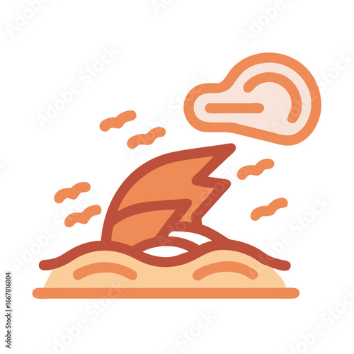 Minimalist flat design of a beach landscape with shark fin and orange tones.