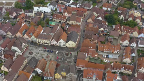 Aerial view of the old town city Weik der Stadt in Germany. On a cloudy day in Summer.