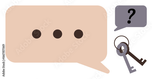 Beige speech bubble with ellipsis and gray bubble with a question mark beside two keys. Ideal for communication, dialogue, problem-solving, mystery, decision-making, brainstorming, and security