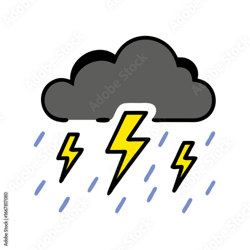 Stylized Weather Icon: Gray Cloud with Yellow Lightning and Blue Rain on Black Background
