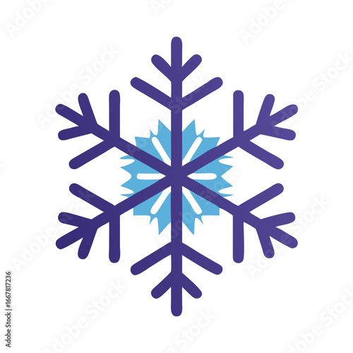 Stylized purple and blue snowflake illustration on a stark black background offering a wintery theme