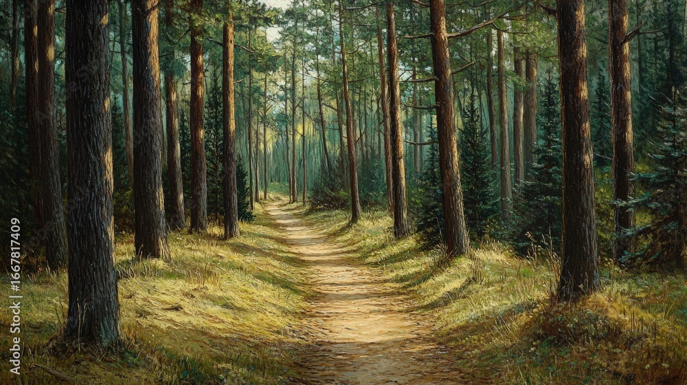 Obraz premium Sunny woodland path through tall trees.