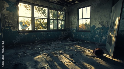 Sunlit interior of a decaying schoolroom